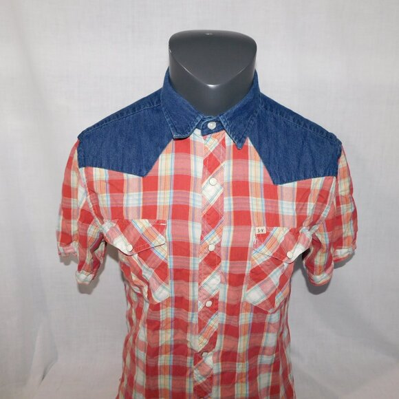 Salt Valley Western Mens M Red Plaid Denim Detail Short Sleeve pearl Snap Shirt - Picture 2 of 12